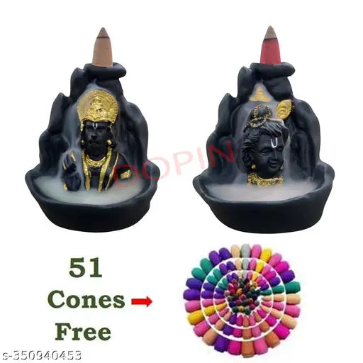 Black and gold Hindu deity idol pairing with smoke backflow, includes 51 complimentary cones or incense sticks