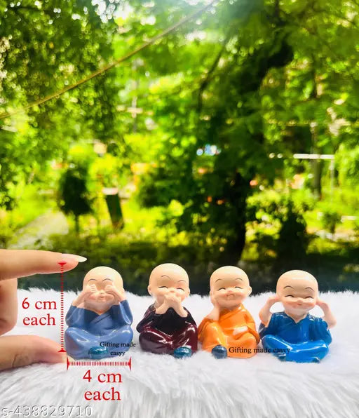 Smiling Buddha-Gandhi Ji Mini Set (4) - Car Dashboard, Home, Office Decor. Religious idols with success & good luck theme, as per Vastu. Indian origin