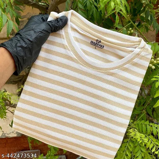 Men's solid cotton striped t-shirt, short sleeves, honeycomb texture, India-made