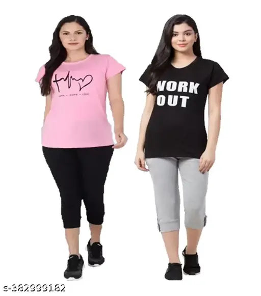 Comfy cotton night dress set, printed and soft, half sleeves top with elastic waistband and drawstring, ideal for home relaxation or fitness