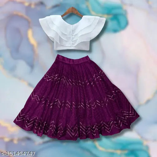 Embellished net kids' lehanga choli in organza fabric, traditionally styled from India