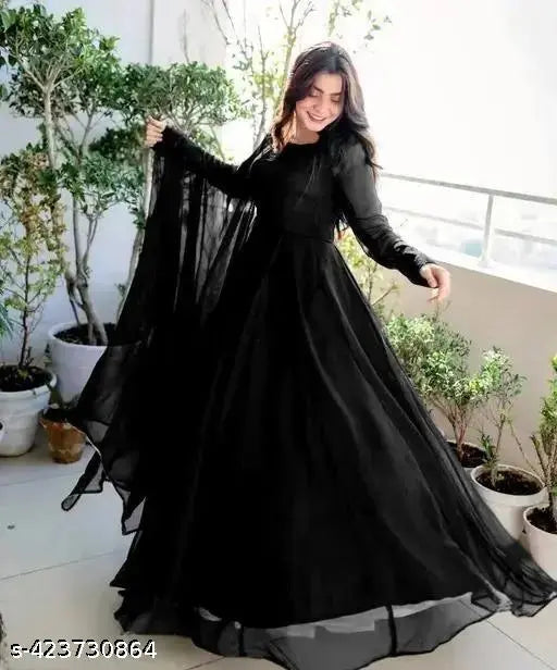 Georgette floral printed Anarkali dupatta set, long sleeve, versatile party wear gown for Indian festivals and weddings