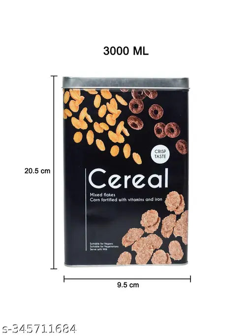 A black metal cereal jar with a 3000ml capacity, standing in a kitchen environment