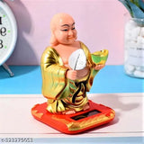 Gold plastic automobile showpiece, medium solar-powered A1 Laughing Buddha with waving fan and moving head, bringing health, wealth, and prosperity