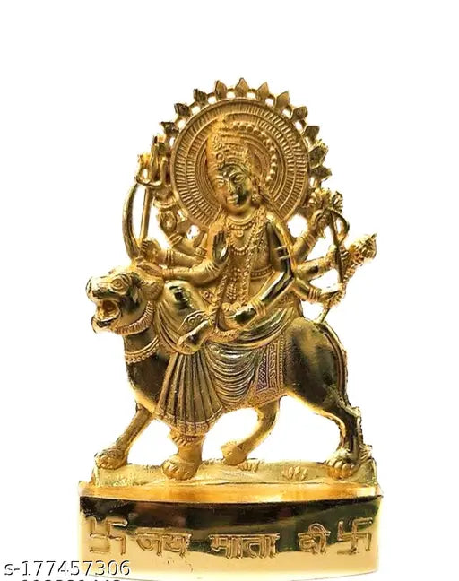 Metal Durga Ji Sherawali Mata figurine, traditional Indian god idol on display