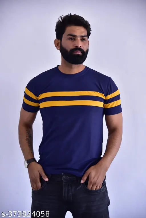 Striped cotton blend t-shirt for men, short sleeves, Indian origin