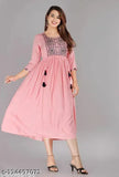 Pink rayon embroidered long kurta with full sleeves
