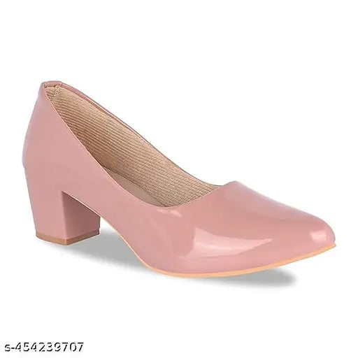 Peach synthetic leather pumps for formal occasions, comfortable block heel design, ideal for office parties or everyday wear