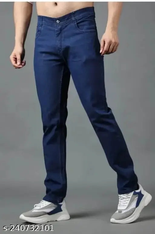 Men's stretchable denim jeans, solid print, high-quality dark wash, mid-rise with buttons and zip closure. Sizes: 28, 30, 32, 34, 36 (Waist: 28in, Length: 41in; Waist: 30in, Length: 41in; Waist: 32in, Length: 41in; Waist: 34in, Length: 41in; Waist: 36in, Length: 41in). Made in India