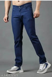 Men's stretchable denim jeans, solid print, high-quality dark wash, mid-rise with buttons and zip closure. Sizes: 28, 30, 32, 34, 36 (Waist: 28in, Length: 41in; Waist: 30in, Length: 41in; Waist: 32in, Length: 41in; Waist: 34in, Length: 41in; Waist: 36in, Length: 41in). Made in India