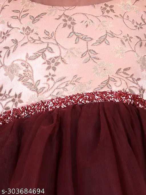 Maroon net party gown dress for girls, full length with short sleeves and toy balloon print