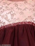 Maroon net party gown dress for girls, full length with short sleeves and toy balloon print