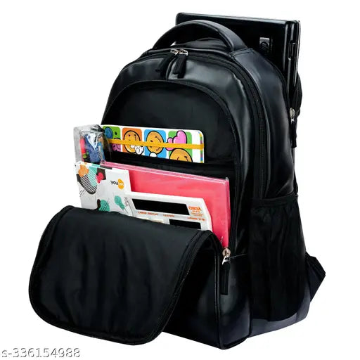 Premium black vegan leather 40L backpack for men, women, boys, and girls. Innovative design with air case laptop compartment, water-resistant base, and adjustable shoulder straps