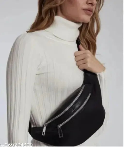 Black shoulder bag with adjustable crossbody strap, featuring a zippered front pocket