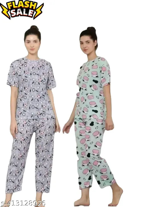 Modern silk-blend sleepwear set, printed and stretchable for comfort (4pcs)