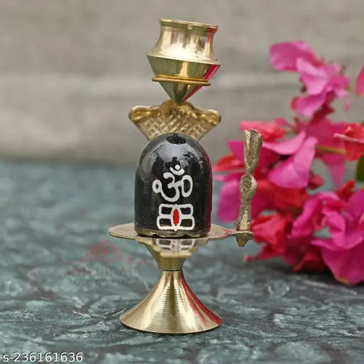 Brass Shiva ling Lingam statue for Hindu puja, black Shiva ling in metal holder