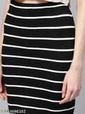 Striped midi skirt with high waist and slit, black and white fabric