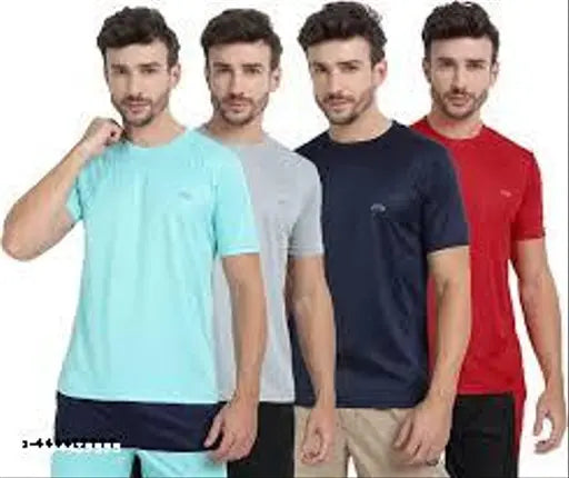 Polyester men's multi-color T-shirt combo pack with short sleeves, featuring solid designs and various sizes from S to XXL