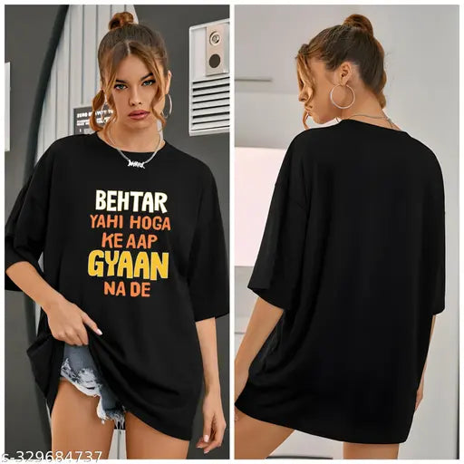 Black cotton blend oversized half sleeve casual women's t-shirt