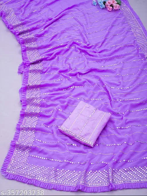 Purple Georgette saree with embellished work and frilly blouse piece