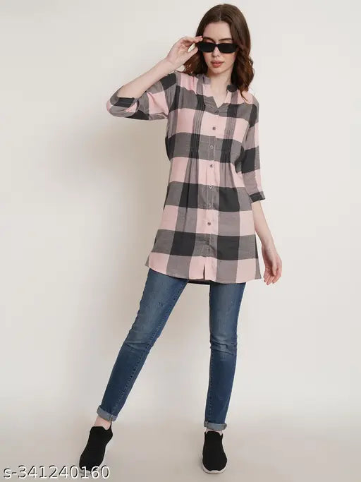 Peach rayon checkered tunic with 3/4 sleeves and mandarin collar, front button open, stylish women's wear, India origin