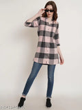 Peach rayon checkered tunic with 3/4 sleeves and mandarin collar, front button open, stylish women's wear, India origin