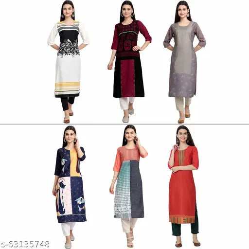 Multi-color digital printed crepe straight kurti for women, showcasing a combo of 6 sizes (S-4XL), made from 100% American crepe fabric