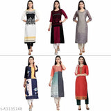 Multi-color digital printed crepe straight kurti for women, showcasing a combo of 6 sizes (S-4XL), made from 100% American crepe fabric