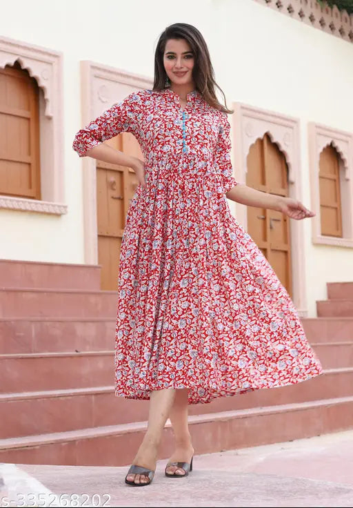 Women's cotton printed Anarkali Chikankari kurti, latest design from Sanganeri, three-quarter sleeves