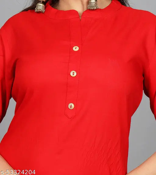 Red solid kurta with visible buttons