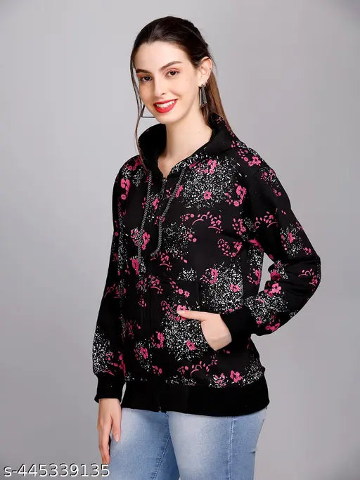 Fleece blend women's winter hoodie sweatshirt with pockets, printed pattern, long sleeves, gentle machine wash - India