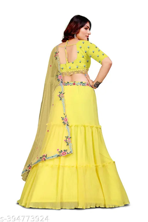Embroidered Georgette lehenga choli and net dupatta set - NEW DESIGNER HEAVY, semi-stitched (44in waist, 44in length), Indian origin