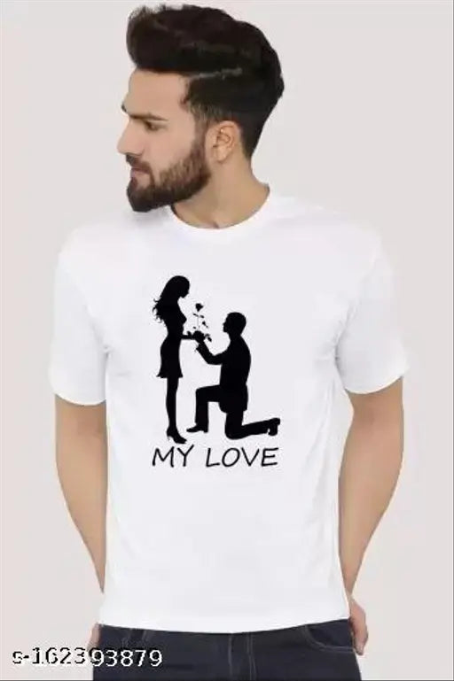 White round neck polyester t-shirt for men, trendy 'My Love' graphic design from BHOOMI DECOR, India