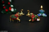 Gold-plated metal elephant meena set of 2 for home decoration, Indian temple showpiece item (6.5cm L x 9cm H x 3cm B)