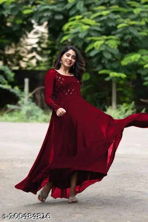 Trendy Georgette embellished gown, long sleeves, mirror work design - Indian fashion