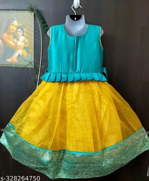 Kids designer silk organza long gown with embroidered mirror work and zari border, 3-4 years old, India