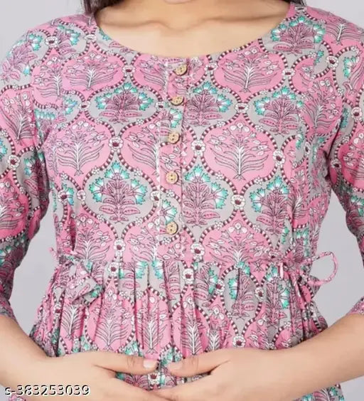 Viscose rayon printed maternity anarkali gown with adjustable waist and breastfeeding-friendly chains, in three-quarter sleeve style. Available in sizes M, L, XL, XXL. Made in India