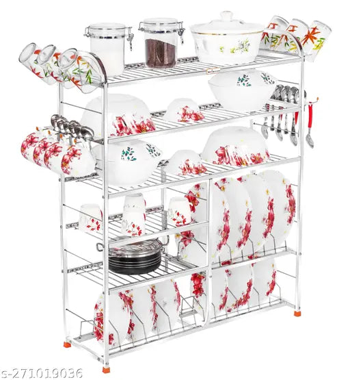 Stainless steel wall mount kitchen utensils rack, featuring a lower shelf and holding various items including bowls, plates, and cutlery