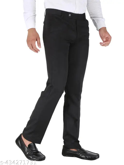 Men's slim-fit formal trousers in dark color, likely black or navy blue, with side pocket feature