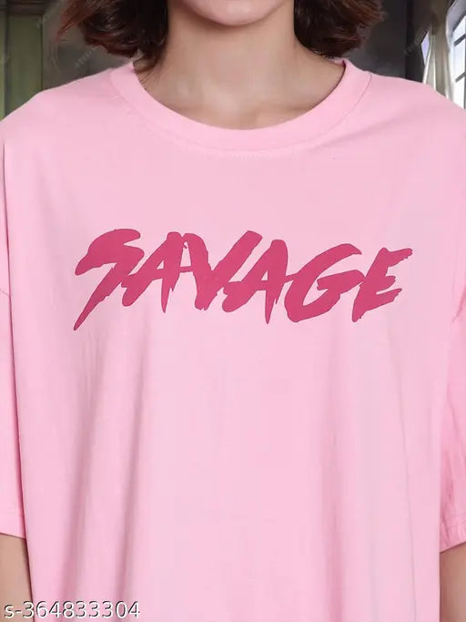 Women's pink cotton front and back print oversized baggy loose t-shirt