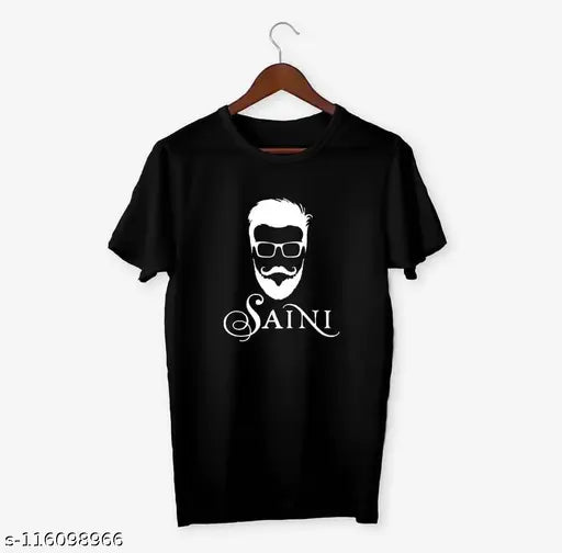 Printed polyester round neck T-shirt for men, featuring Indian Saini design and short sleeves