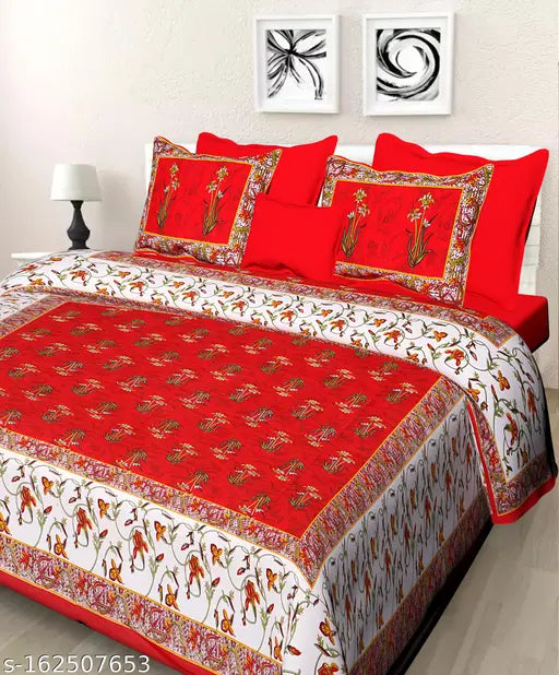 Red 100% Cotton Double Bed Sheet Combo with Floral Print, 2 Bed Sheets