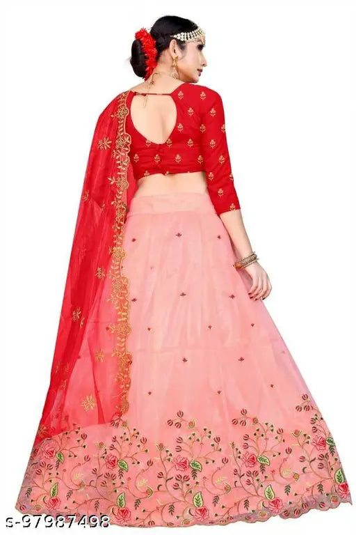 Embroidered cotton-net hevi net Jivika Lehenga with choli and dupatta, free size, India origin