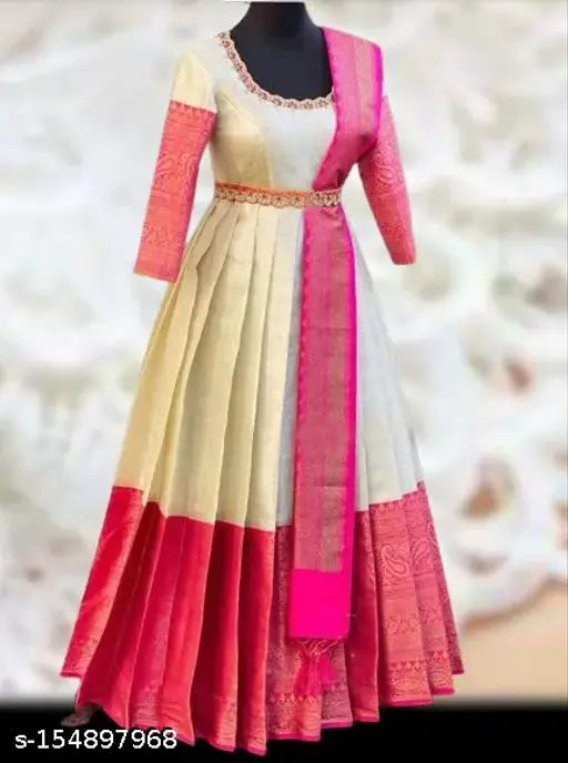 Comfy jacquard three-quarter sleeve women's gown with zari woven net pattern, available in various sizes from XS to XXXL. Indian partywear dress on display