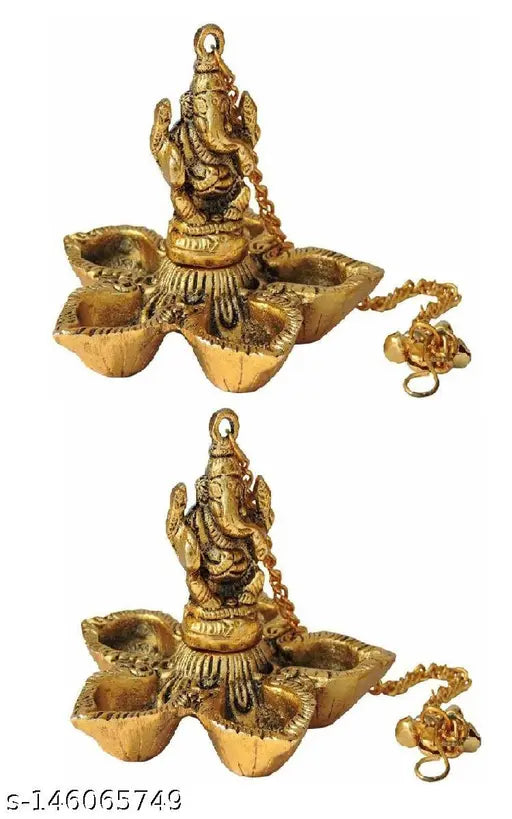 Metal Ganesh 5 batti hanging diya set for Vastu, home, temple, office, and gifting, size LBH10.5cm x 10cm x 8cm, symbolizing luck, love, happiness, and prosperity