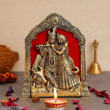 Metal Radha Krishna cow idol set for home, office, and gifting, size L-B-H 17x2x21.5 cm, Indian origin