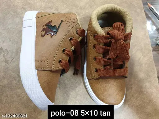 Brown shoe with a bow on top, tan laces. For kids 2-5 years old
