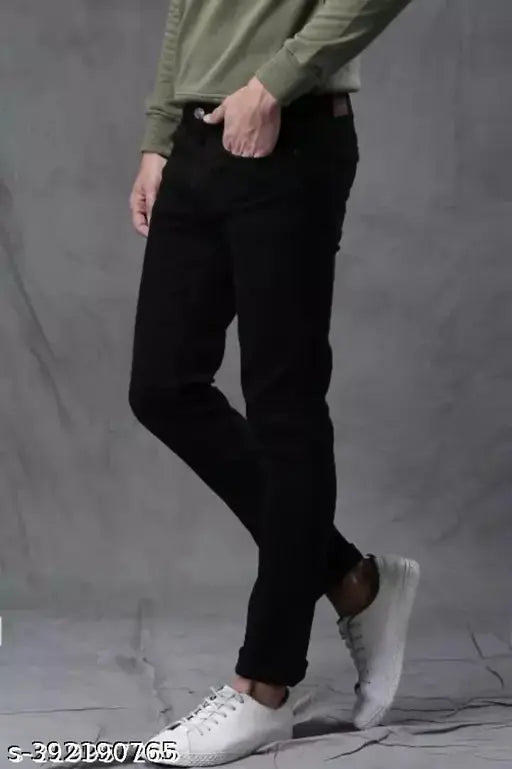 Black denim jeans for men, elegant fit with slim line, full length, mid rise, button waist closure, machine washable, solid black pattern, one quantity, manufactured in India. Sizes: 28 (waist size: 28in, length size: 40in), 30 (waist size: 30in, length size: 40in), 32 (waist size: 32in, length size: 40in), 34 (waist size: 34in, length size: 40in)