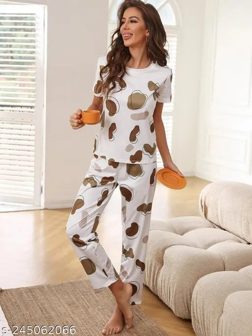 Graphic Print Cotton Lycra women's night suit, soft and comfortable sleepwear set with short sleeves, great for daily use or gift-giving, made in India
