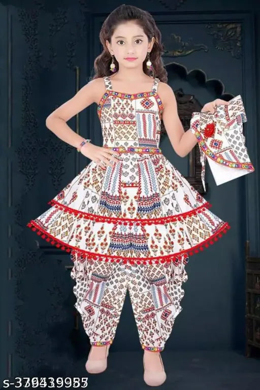 Girls cotton blend dhoti kurta set with koti set, printed A-line top and patiala bottom, sizes from 0-3 Months to 9-10 Years, Indian traditional outfit on display